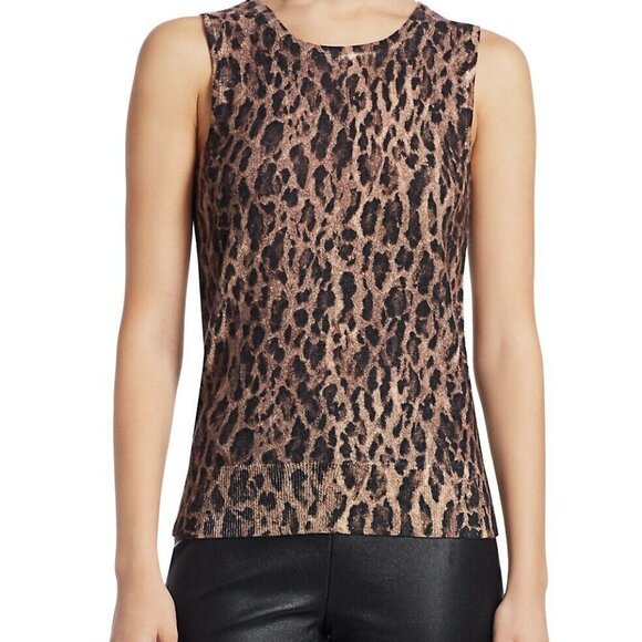 Saks Fifth Avenue Cashmere Leopard Print Shell Top Brown Sleeveless L - Picture 6 of 7